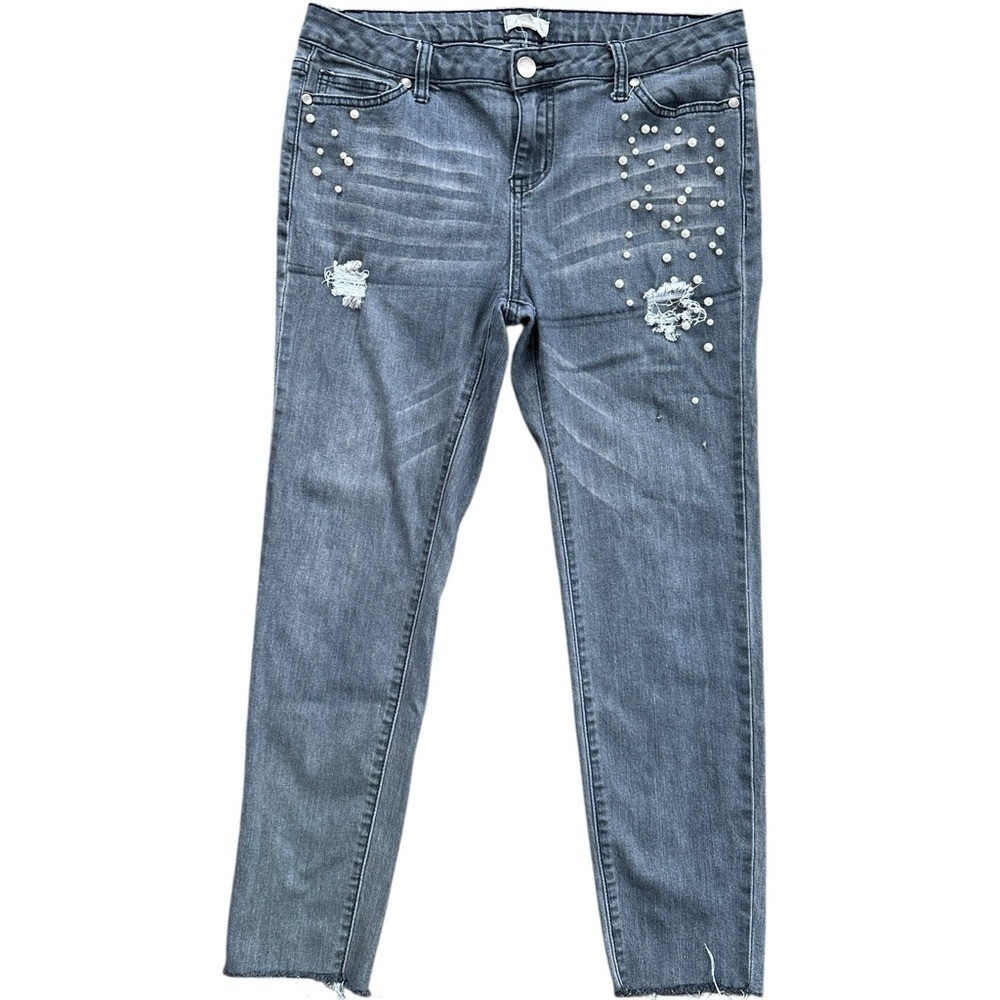 Easel Pearl Embellished Distressed Skinny Jeans Women L Gray Excellent EB4540
